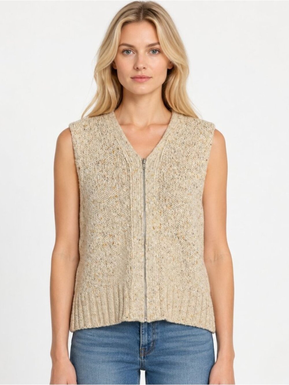 Vintage Talbots Wool Blend Hooded Sweater Vest Medium Beige Zip Front Italy